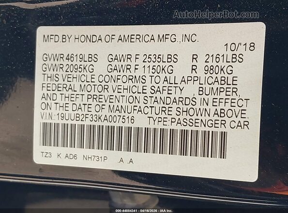 19UUB2F33KA007516 2019 ACURA TLX Black 