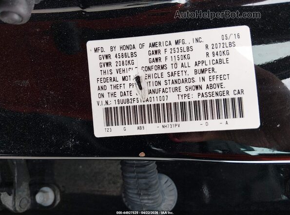 19UUB2F51GA011007 2016 ACURA TLX Black Vista del compartimento del motor