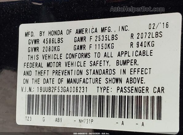 19UUB2F53GA006231 2016 ACURA TLX Black Engine compartment view