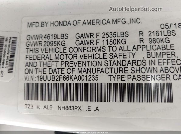 19UUB2F66KA001235 2019 ACURA TLX Белый Вид подкапотного пространства