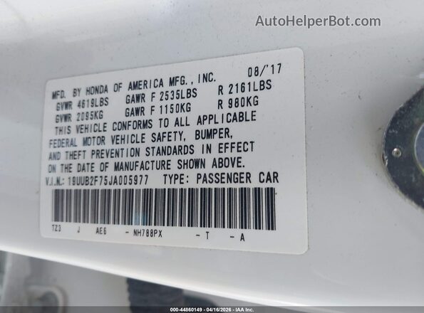 19UUB2F75JA005977 2018 ACURA TLX White Вид підкапотного простору