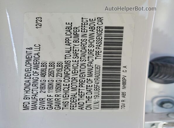 19UUB5F41RA000357 2024 ACURA TLX White Vista de la etiqueta del VIN