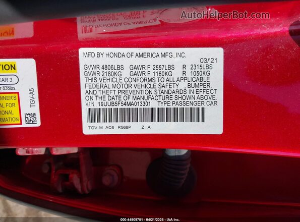 19UUB5F54MA013301 2021 ACURA TLX Red Շարժիչի բաժամունքի տեսք