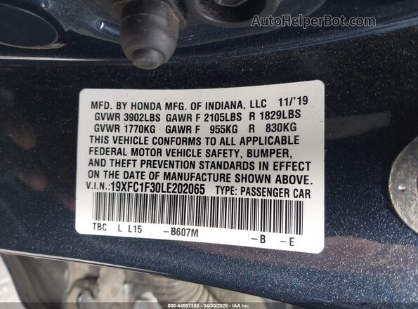 19XFC1F30LE202065 2020 HONDA CIVIC Gray Widok komory silnika