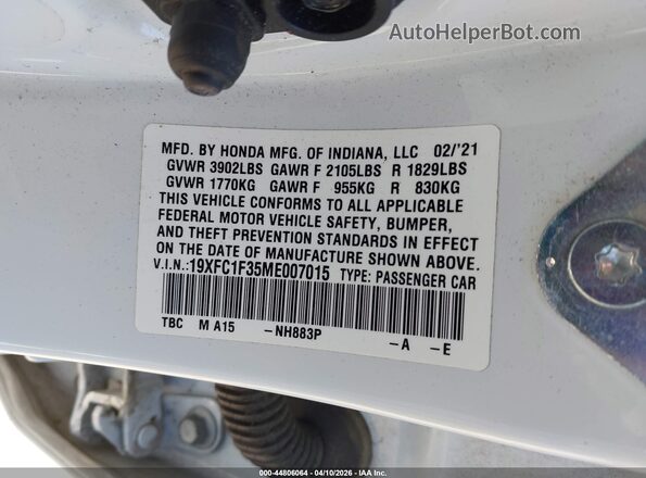 19XFC1F35ME007015 2021 HONDA CIVIC White Вид підкапотного простору