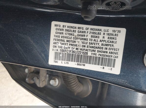 19XFC1F36LE221526 2020 HONDA CIVIC Blue Շարժիչի բաժամունքի տեսք