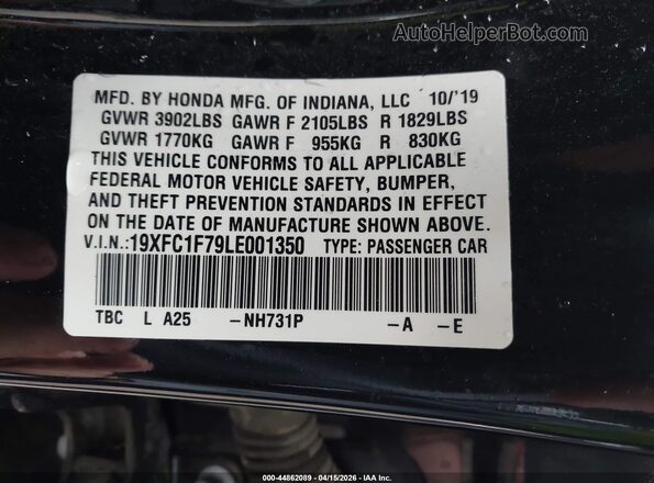 19XFC1F79LE001350 2020 HONDA CIVIC Черный Вид подкапотного пространства