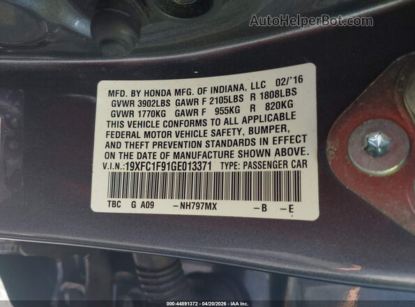 19XFC1F91GE013371 2016 HONDA CIVIC Gray Widok komory silnika