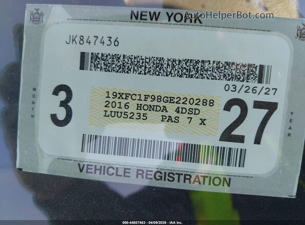 19XFC1F98GE220288 2016 HONDA CIVIC Black Widok komory silnika