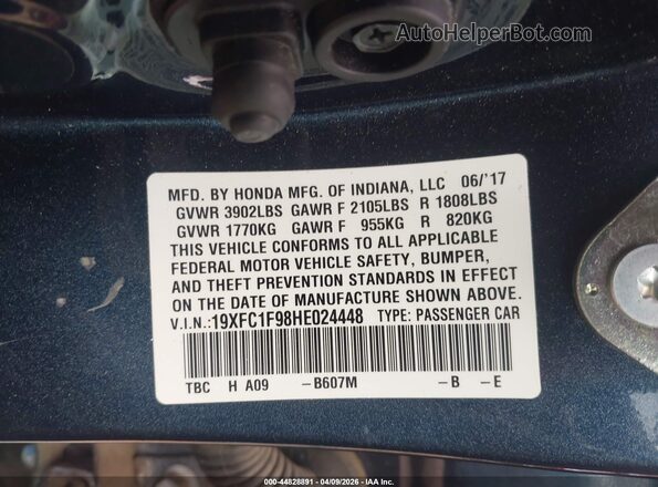 19XFC1F98HE024448 2017 HONDA CIVIC Dark Blue Вид подкапотного пространства