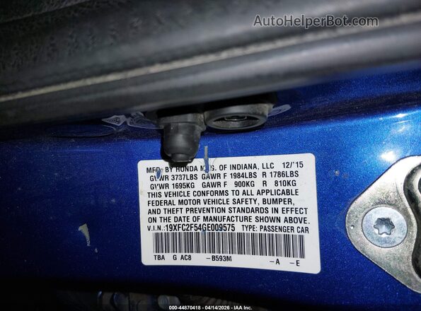 19XFC2F54GE009575 2016 HONDA CIVIC Blue 