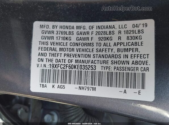 19XFC2F60KE035253 2019 HONDA CIVIC Gray Շարժիչի բաժամունքի տեսք