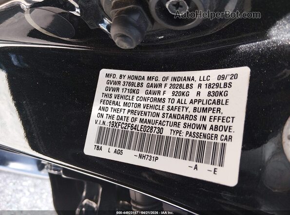 19XFC2F64LE028730 2020 HONDA CIVIC Black Engine compartment view