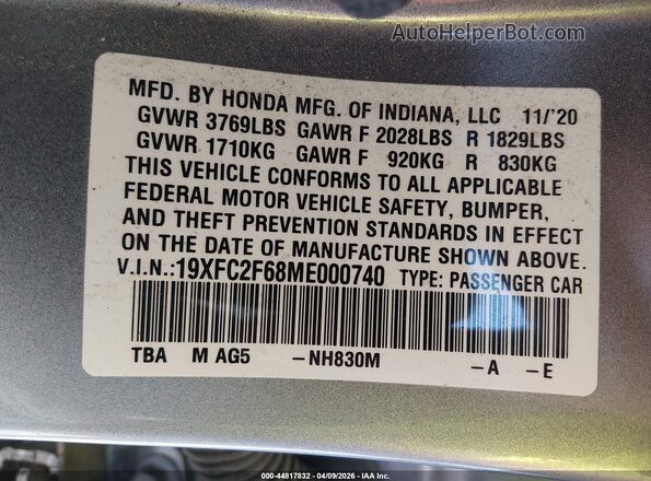19XFC2F68ME000740 2021 HONDA CIVIC Silver Widok komory silnika