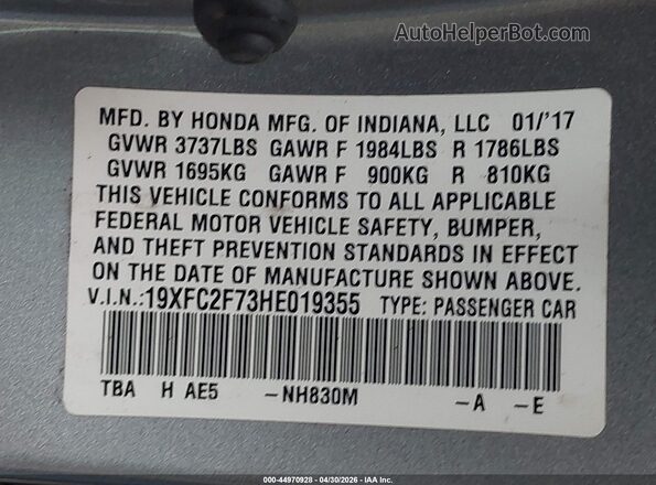 19XFC2F73HE019355 2017 HONDA CIVIC Silver Vista del compartimento del motor