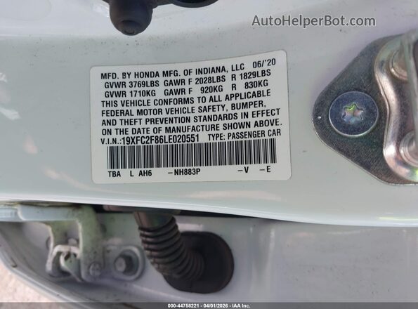 19XFC2F86LE020551 2020 HONDA CIVIC White Vista del compartimento del motor