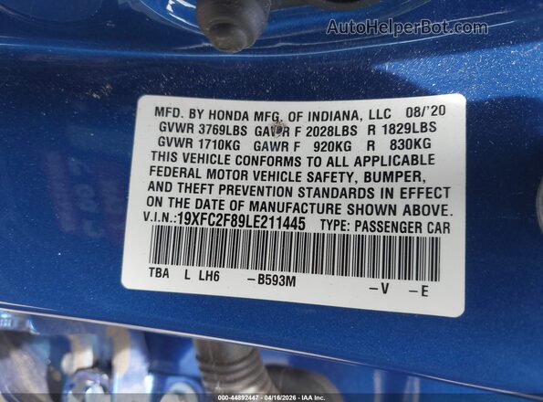 19XFC2F89LE211445 2020 HONDA CIVIC Blue Widok komory silnika