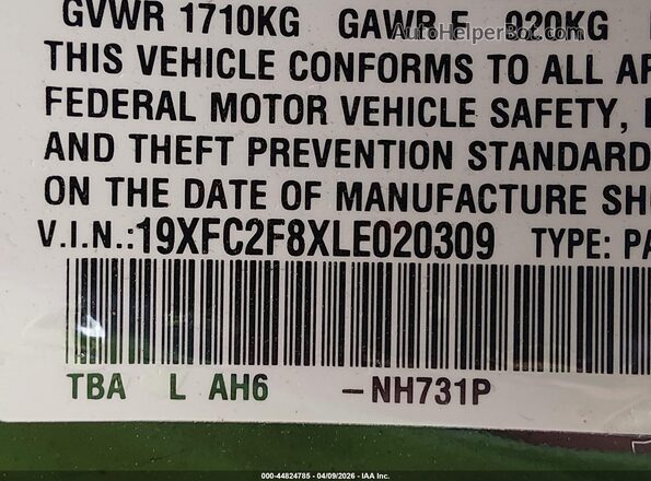 19XFC2F8XLE020309 2020 HONDA CIVIC Черный Вид подкапотного пространства