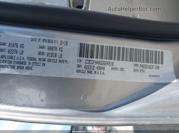 1C3CDFAA8GD624518 2016 DODGE DART Silver Engine compartment view