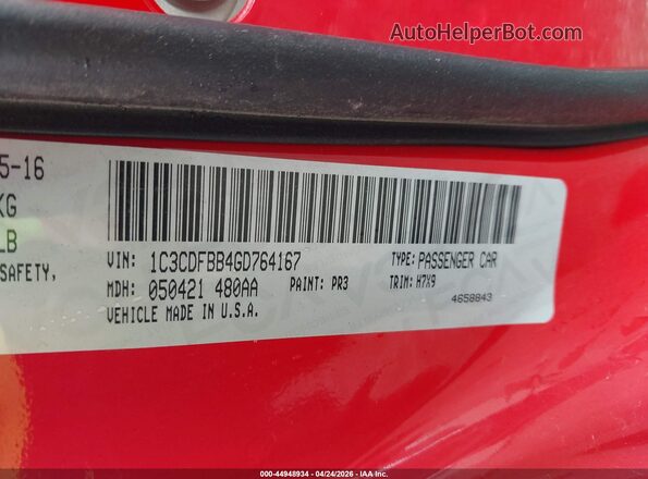 1C3CDFBB4GD764167 2016 DODGE DART Красный Вид подкапотного пространства