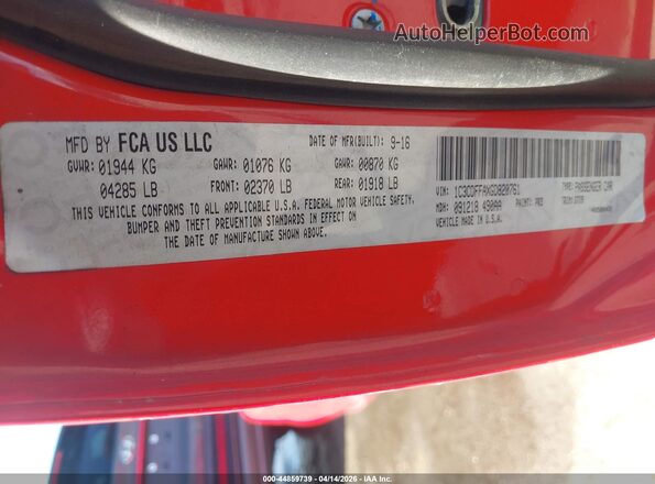 1C3CDFFAXGD820761 2016 DODGE DART Red Widok komory silnika