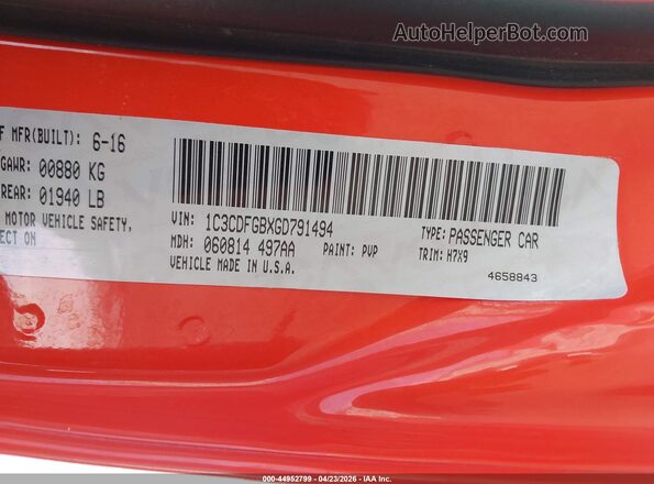 1C3CDFGBXGD791494 2016 DODGE DART Orange Շարժիչի բաժամունքի տեսք