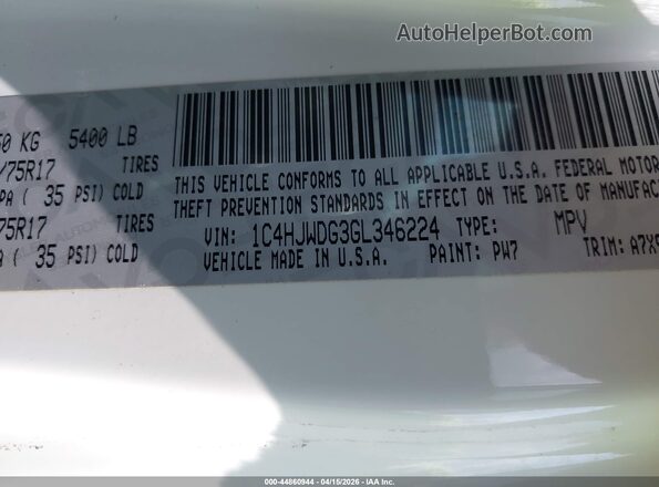 1C4HJWDG3GL346224 2016 JEEP WRANGLER UNLIMITED White Շարժիչի բաժամունքի տեսք