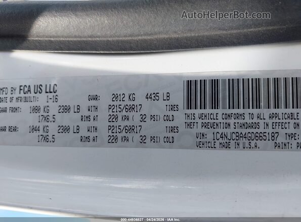 1C4NJCBA4GD665187 2016 JEEP COMPASS Белый Вид подкапотного пространства