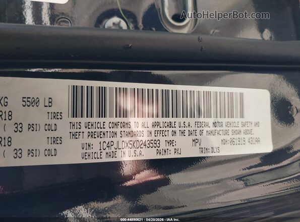 1C4PJLDX5KD243593 2019 JEEP CHEROKEE Black Engine compartment view