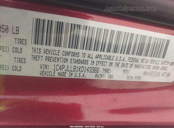 1C4PJLLB1KD143366 2019 JEEP CHEROKEE Red Engine compartment view