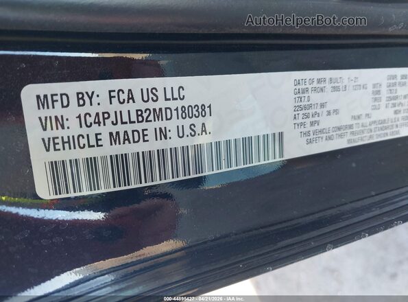 1C4PJLLB2MD180381 2021 JEEP CHEROKEE Black Widok komory silnika