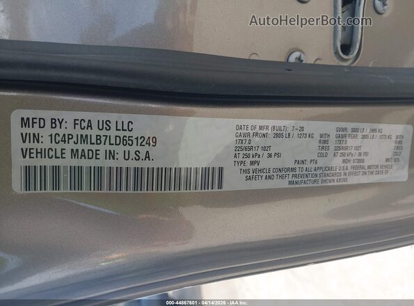 1C4PJMLB7LD651249 2020 JEEP CHEROKEE Gray 