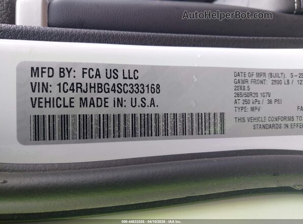 1C4RJHBG4SC333168 2025 JEEP GRAND CHEROKEE White Շարժիչի բաժամունքի տեսք