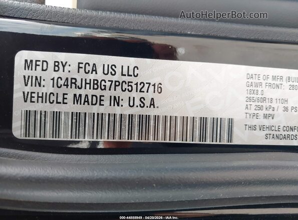 1C4RJHBG7PC512716 2023 JEEP GRAND CHEROKEE Black VIN კოდის სტიკერის ხედი