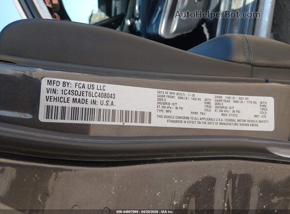 1C4SDJET6LC408043 2020 DODGE DURANGO Gray Vista del compartimento del motor