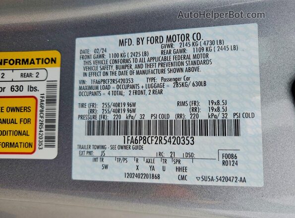 1FA6P8CF2R5420353 2024 FORD MUSTANG Gray VIN sticker view