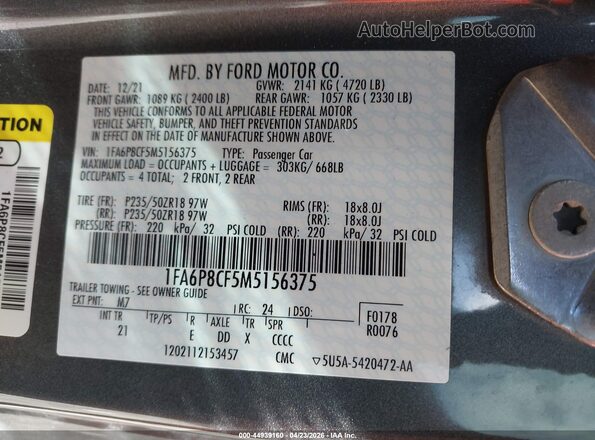 1FA6P8CF5M5156375 2021 FORD MUSTANG Gray Вид підкапотного простору