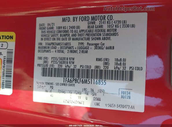 1FA6P8CF6M5116855 2021 FORD MUSTANG Red Vista del compartimento del motor
