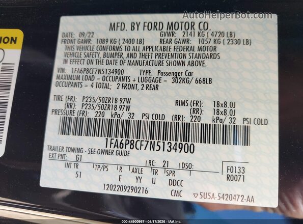 1FA6P8CF7N5134900 2022 FORD MUSTANG Черный Вид подкапотного пространства