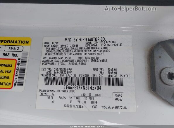 1FA6P8CF7N5145704 2022 FORD MUSTANG White Widok komory silnika