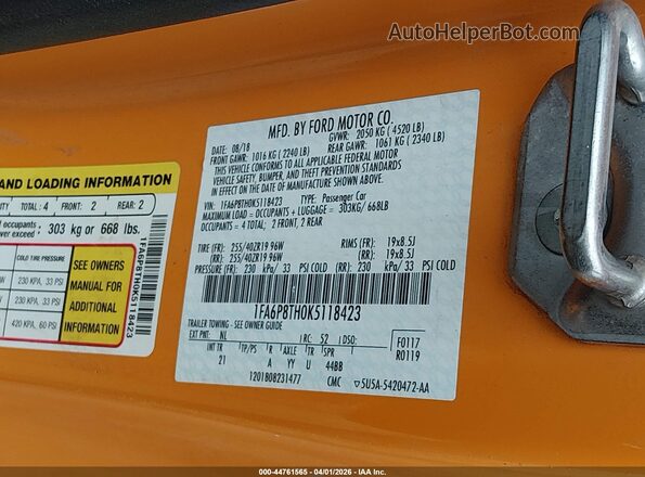 1FA6P8TH0K5118423 2019 FORD MUSTANG Orange Vista del compartimento del motor
