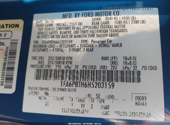 1FA6P8TH6H5203159 2017 FORD MUSTANG Синий Вид подкапотного пространства