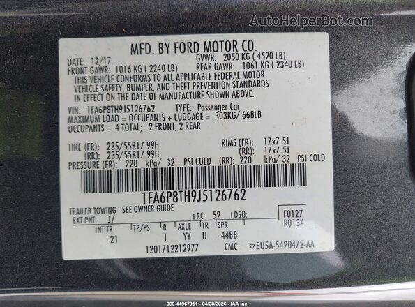 1FA6P8TH9J5126762 2018 FORD MUSTANG Gray Engine compartment view