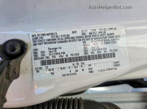 1FADP3F20HL320152 2017 FORD FOCUS White Widok komory silnika