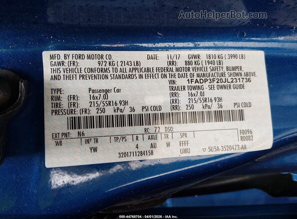 1FADP3F20JL231736 2018 FORD FOCUS Blue Շարժիչի բաժամունքի տեսք