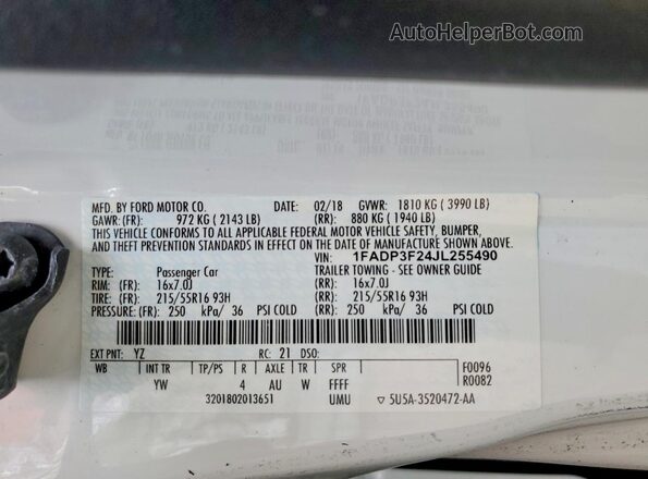1FADP3F24JL255490 2018 FORD FOCUS White ძრავის განყოფილების ხედი