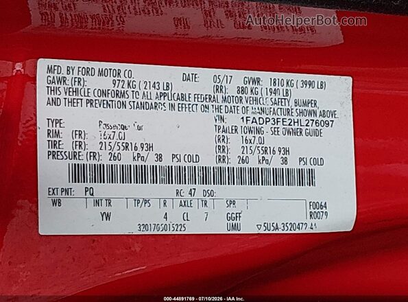 1FADP3FE2HL276097 2017 FORD FOCUS Red ძრავის განყოფილების ხედი