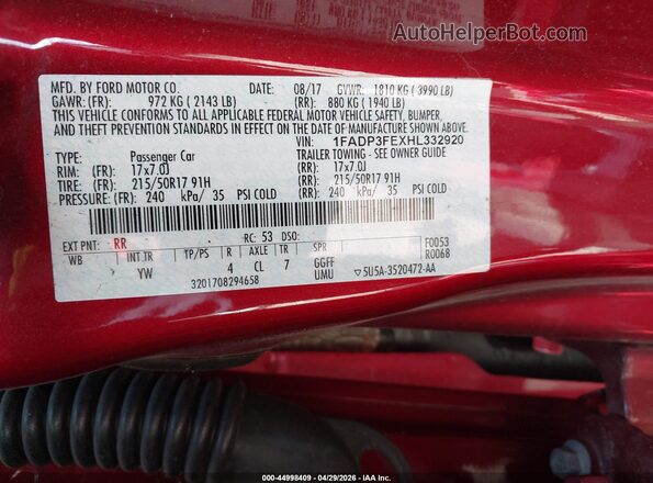 1FADP3FEXHL332920 2017 FORD FOCUS Red Вид підкапотного простору