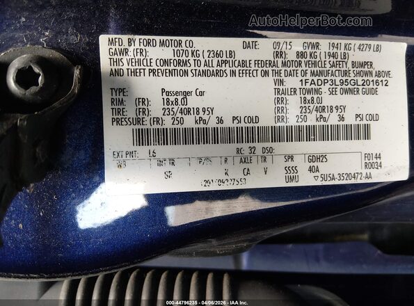 1FADP3L95GL201612 2016 FORD FOCUS ST Blue Вид підкапотного простору