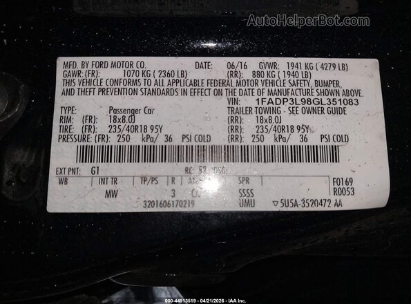1FADP3L98GL351083 2016 FORD FOCUS ST Black Vista de la etiqueta del VIN